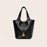 Pebbled Leather Structured Tote Bag with Gold-Tone Lock Detail