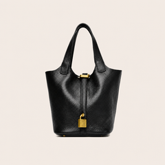 Pebbled Leather Structured Tote Bag with Gold-Tone Lock Detail