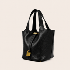 Pebbled Leather Structured Tote Bag with Gold-Tone Lock Detail